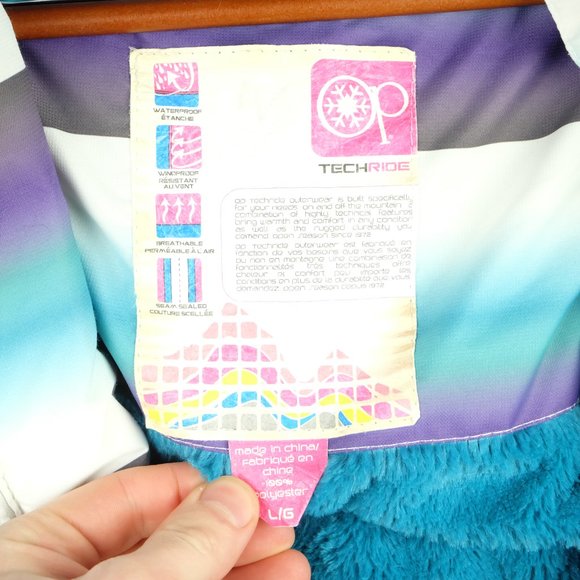 Ocean Pacific Womens Winter Jacket White Purple Striped Vintage Hooded 90s - Picture 10 of 12